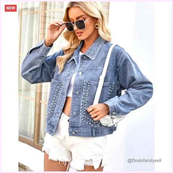 Oversized Studded Denim Jacket, Loose Fit with Pockets, Casual Wear